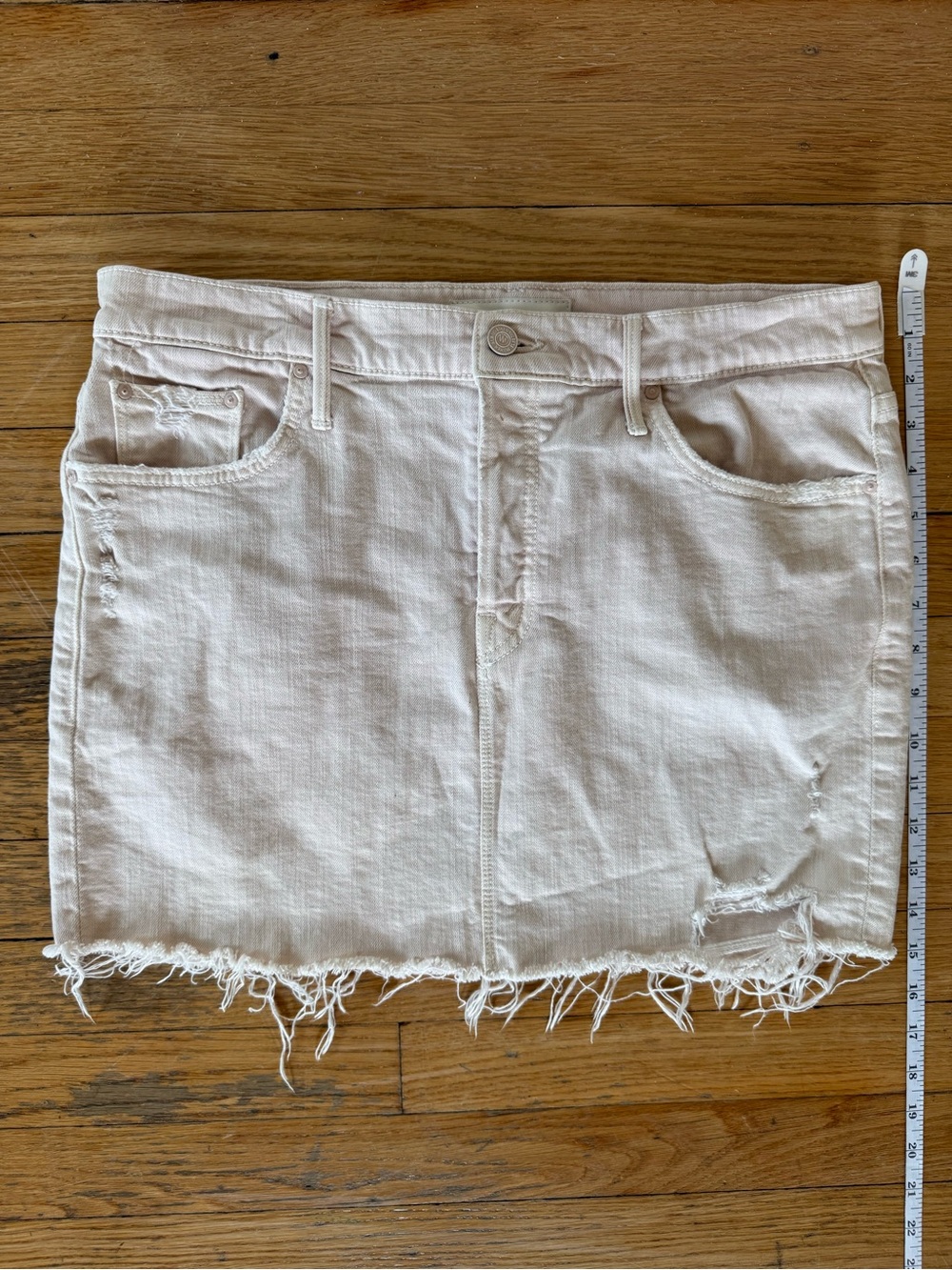 MOTHER Cream Distressed Denim Mini Skirt